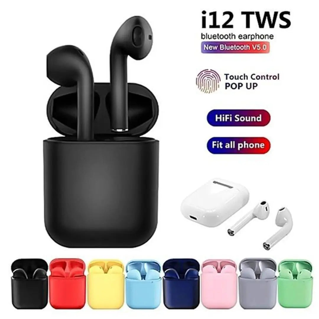 i12 TWS Wireless Bluetooth Earbuds with Charging Case | Touch Control | Stereo Sound | Built-in Mic