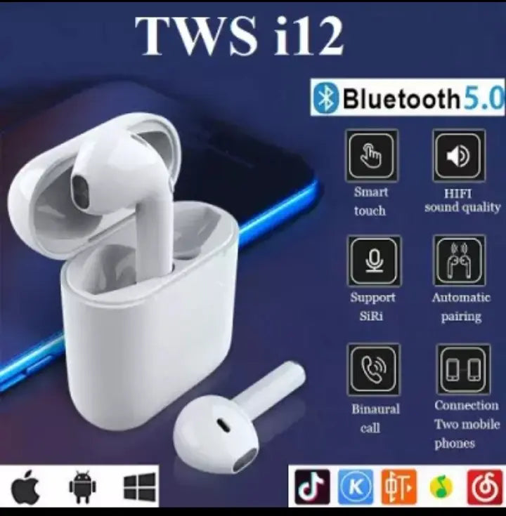 i12 TWS Wireless Bluetooth Earbuds with Charging Case | Touch Control | Stereo Sound | Built-in Mic